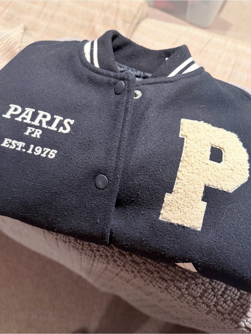 Zara Black Kids Varsity Jacket with Beige 'P' Applique